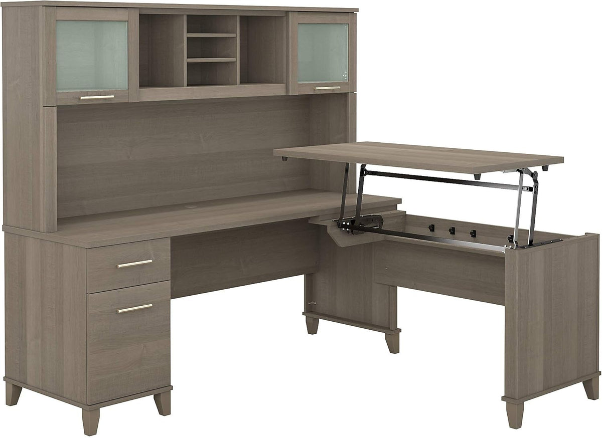 Sit to Stand L Shaped Desk with Hutch in Sand Oak Z282090