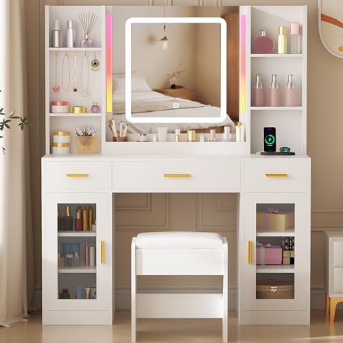 White Vanity Desk with Mirror and Stool W486