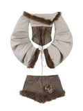 Faux Fur Off-Shoulder Long Sleeve Top + Shorts Set G645