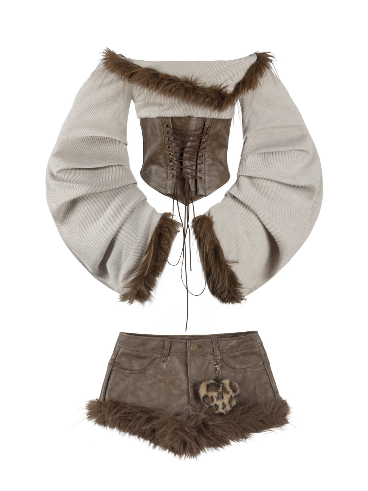 Faux Fur Off-Shoulder Long Sleeve Top + Shorts Set G645