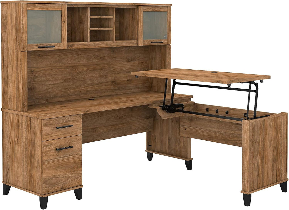 Sit to Stand L Shaped Desk with Hutch in Sand Oak Z282090