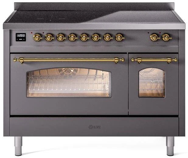 48 Induction Range with Electric Oven in Matte Graphite with Brass Trim J44930