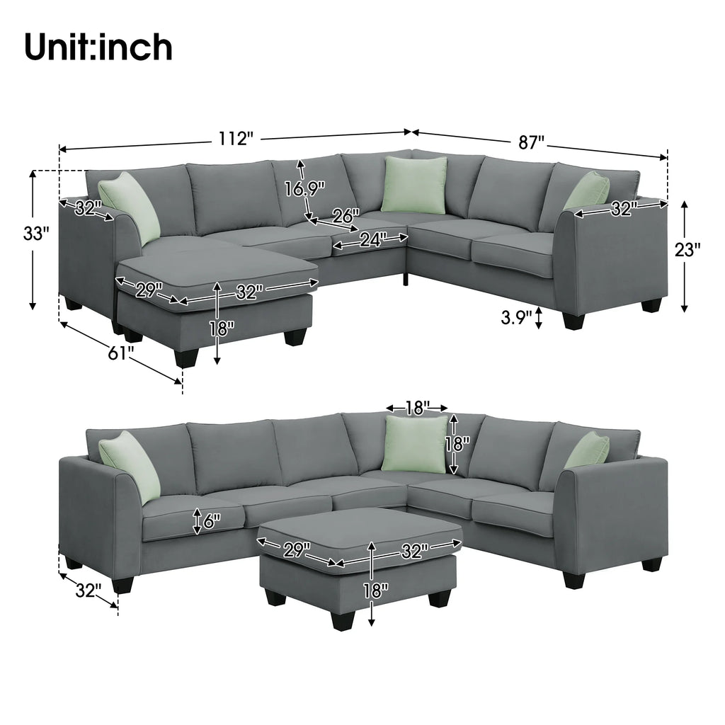 7 Seats L Shape Fabric Sectional Sofa with Ottoman Q726752
