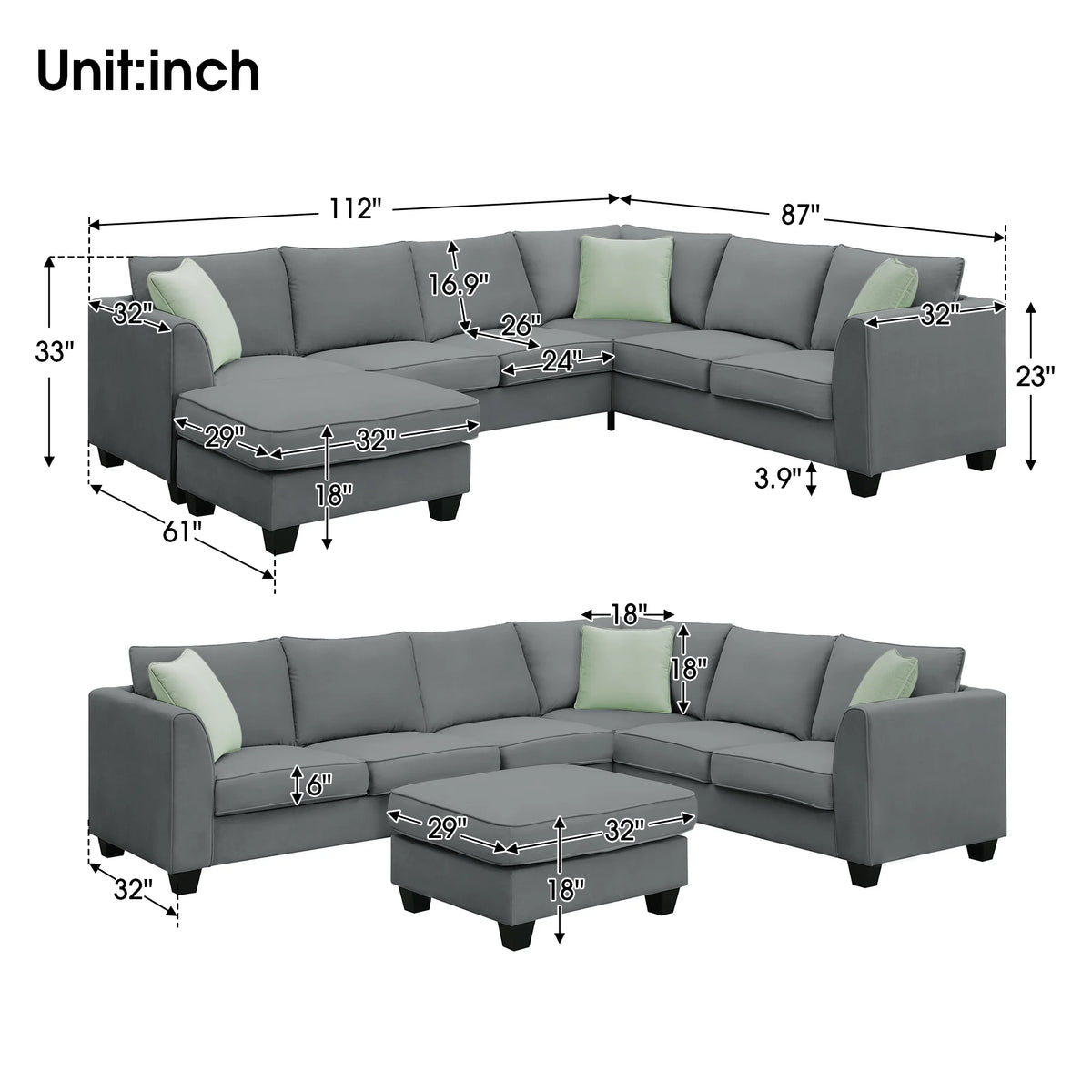 7 Seats L Shape Fabric Sectional Sofa with Ottoman Q726752