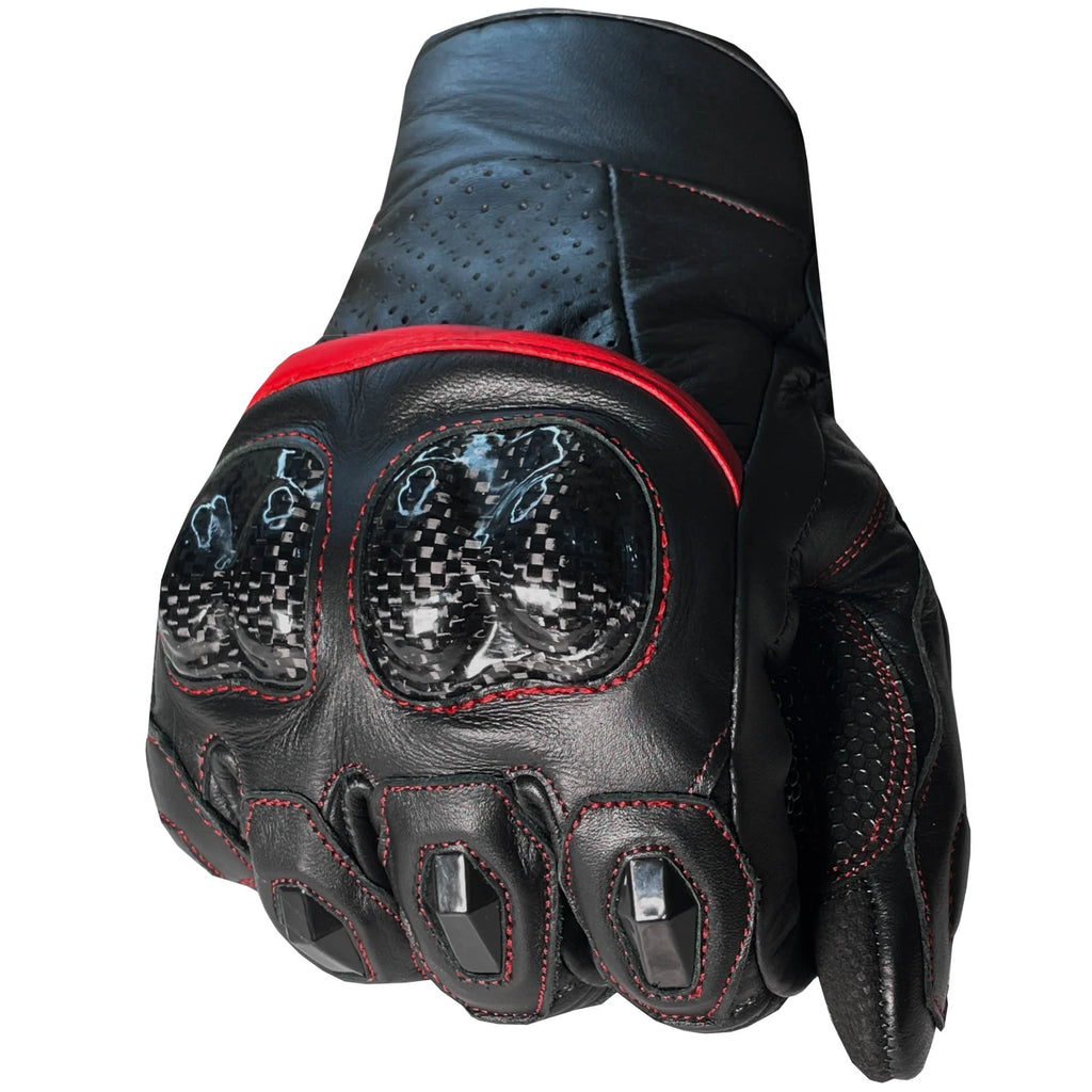 Black Red Leather Motorcycle Biker Gloves T684