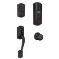 Bronze Smart Deadbolt with Camelot Trim and Aged Entry Door Handle Set with Georgian Door Knob L7966