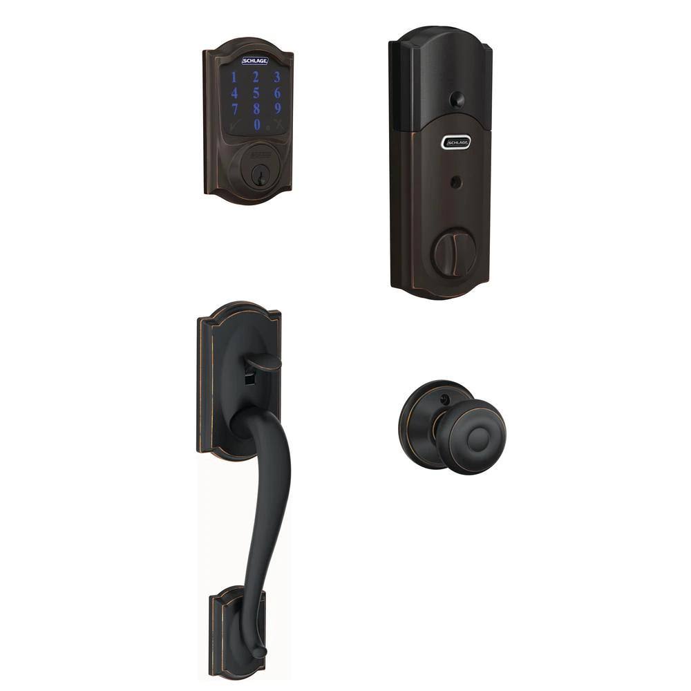 Bronze Smart Deadbolt with Camelot Trim and Aged Entry Door Handle Set with Georgian Door Knob L7966