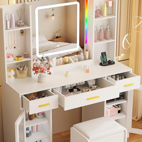 White Vanity Desk with Mirror and Stool W486