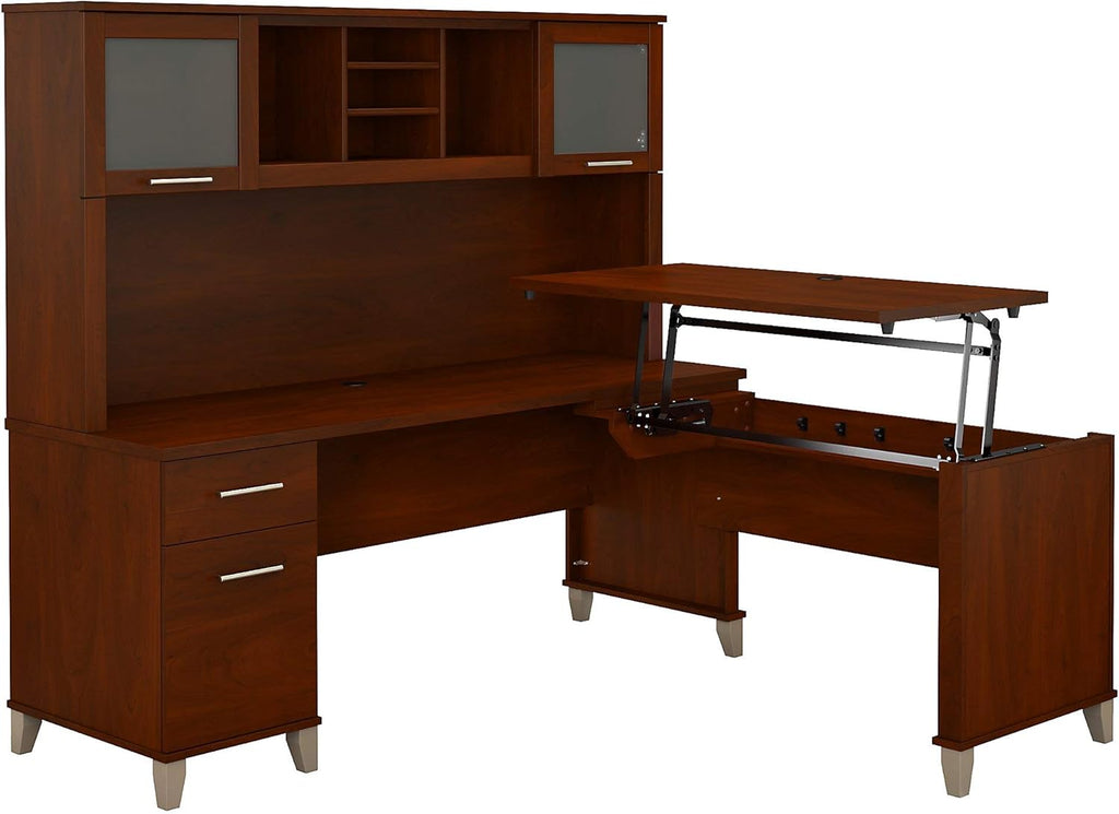 Sit to Stand L Shaped Desk with Hutch in Sand Oak Z282090