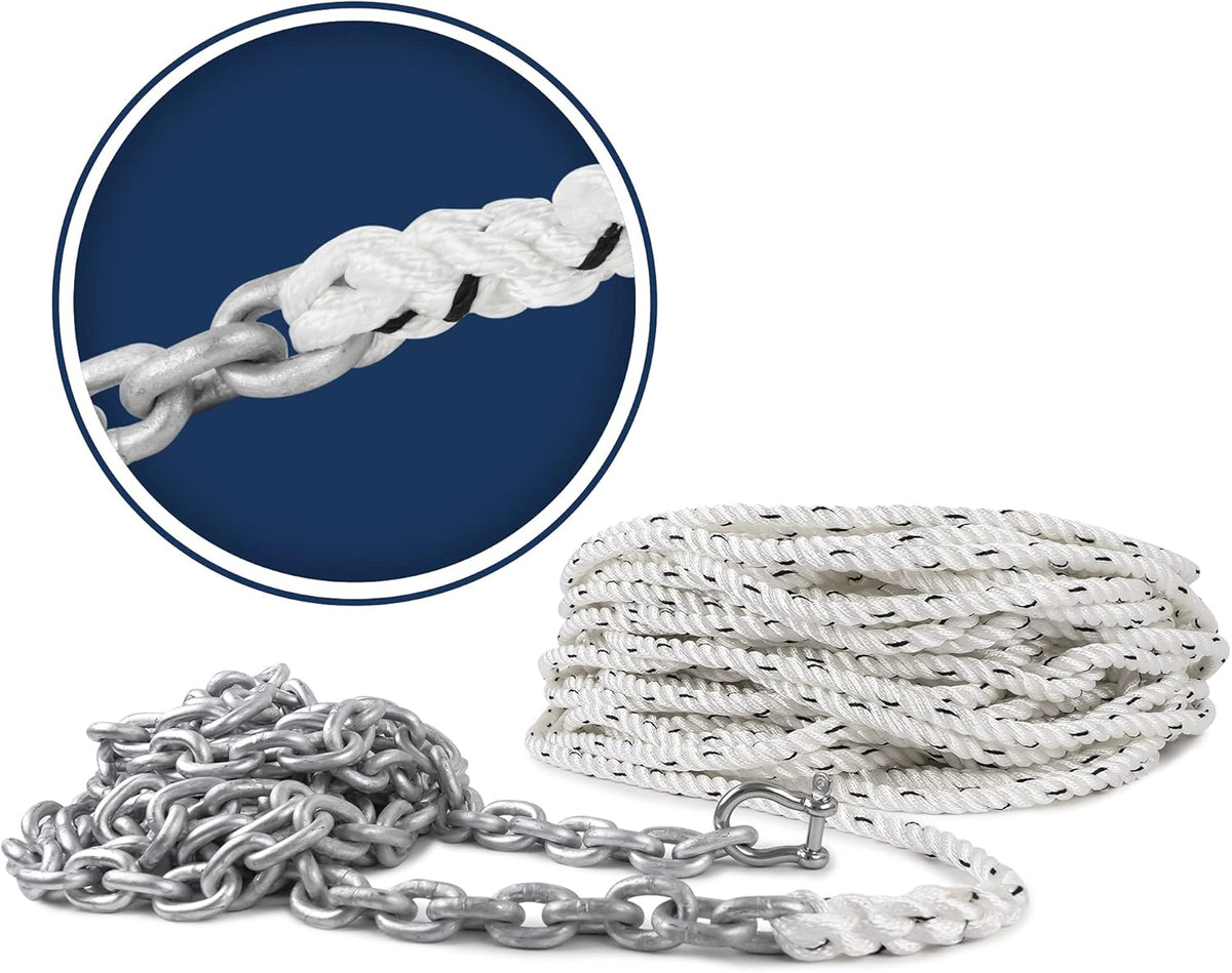 Nylon 3 Strand Anchor Rode with Galvanized Steel Chain and Stainless Steel Shackle, Prespliced N830