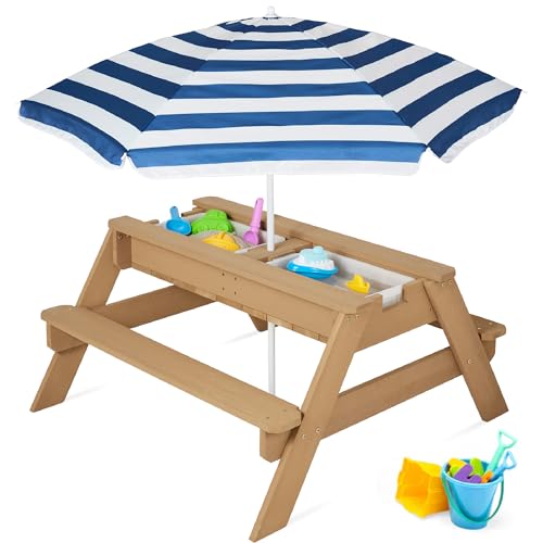 Kids 3-in-1 Sand & Water Table Wood Picnic Table with Umbrella H4615