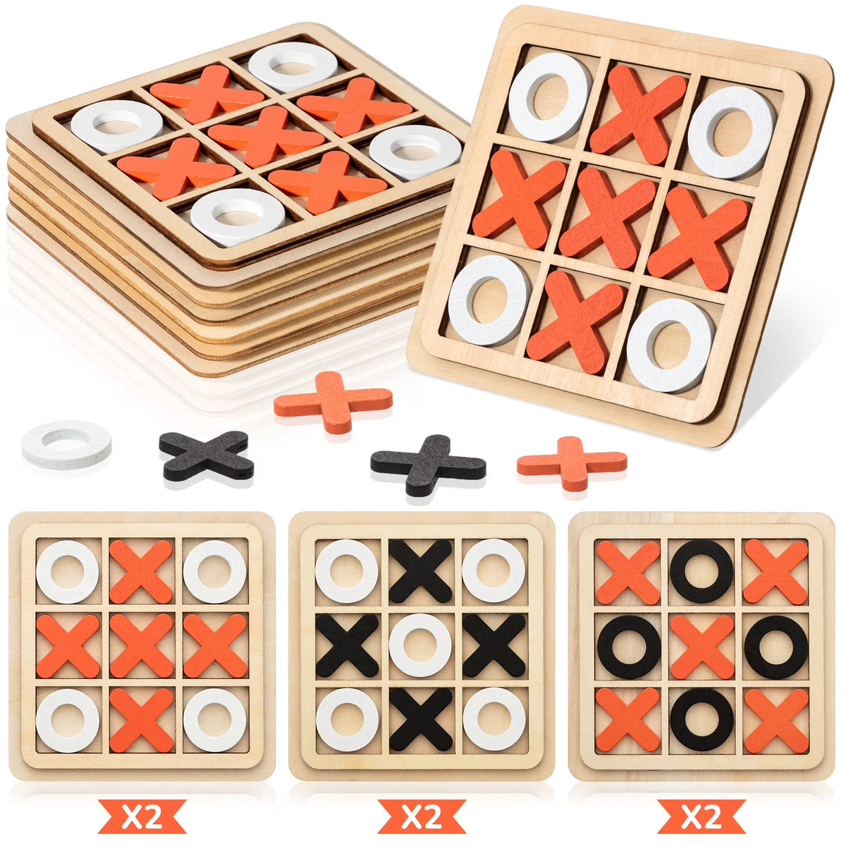 6 Pieces Wooden Tic Tac Toe Game XO Chess Board Game M913377