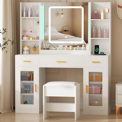 White Vanity Desk with Mirror and Stool W486