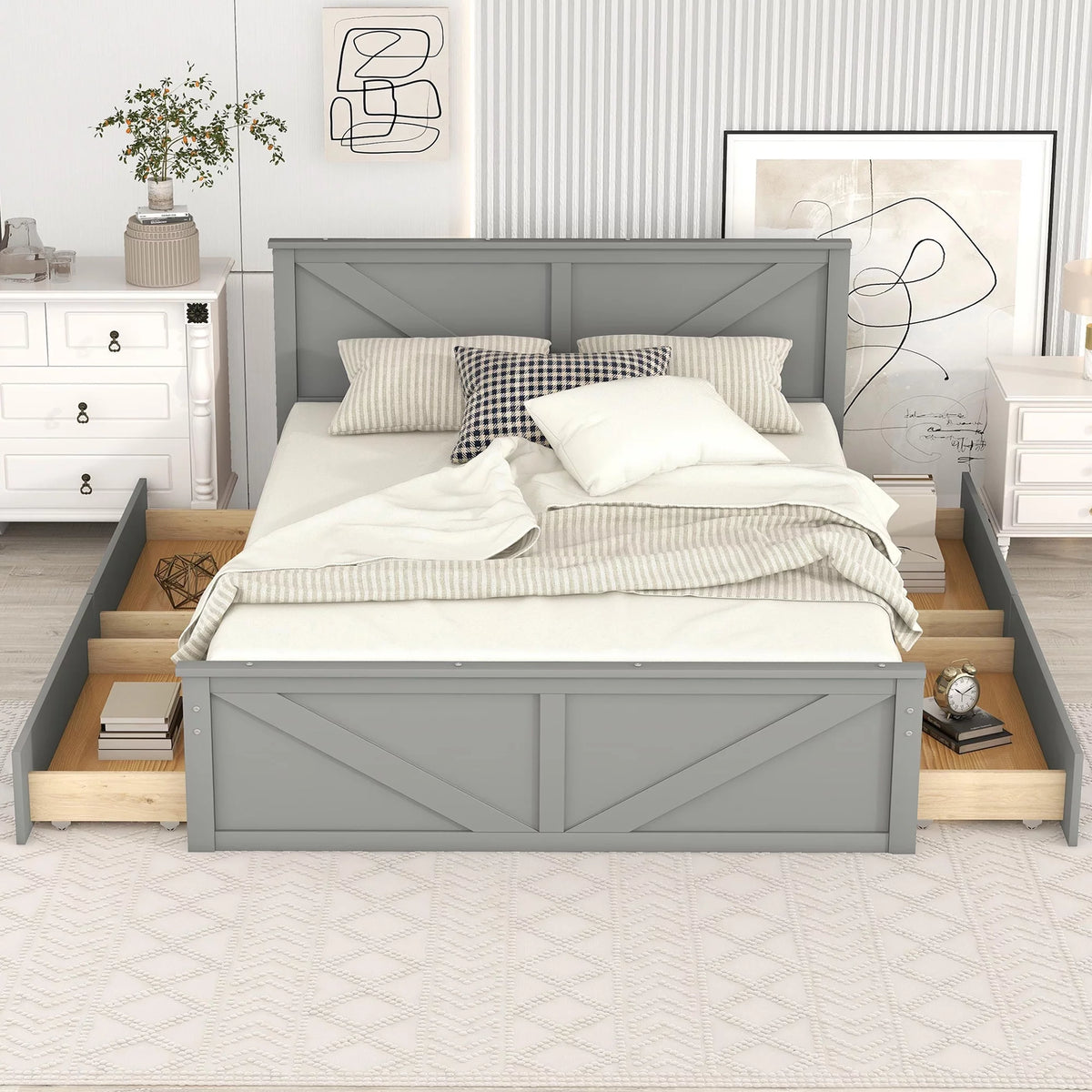 Wood Queen Bed Frame with 4 Storage Drawers P790