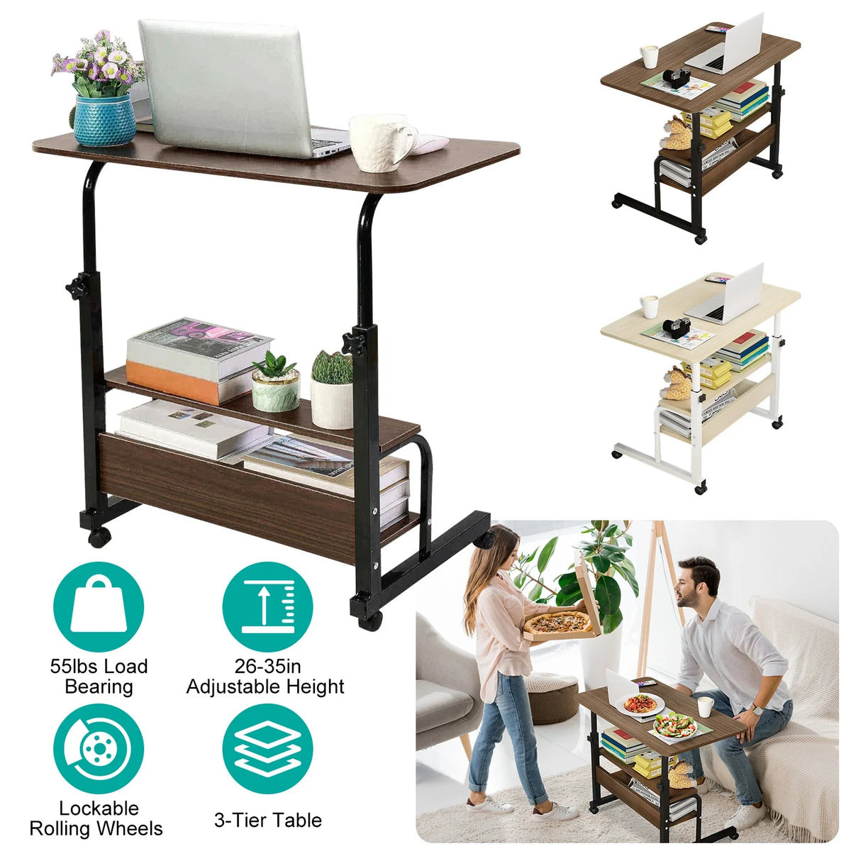 Height Adjustable Mobile Laptop Desk Cart with Lockable Wheels O95582