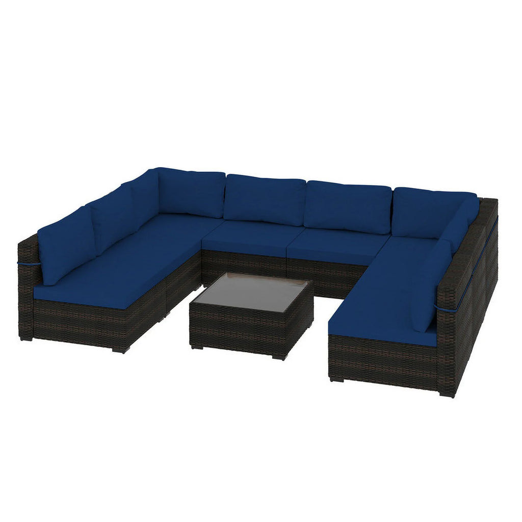 9 Piece PE Rattan Patio Furniture Set with Cushion and Glass Table L56653
