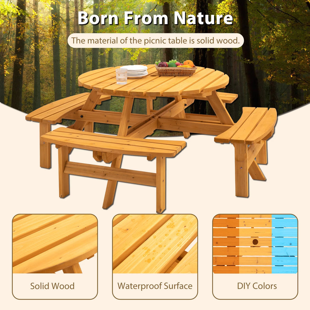 8-Person Wooden Picnic Table with 4 Built-In Benches N706