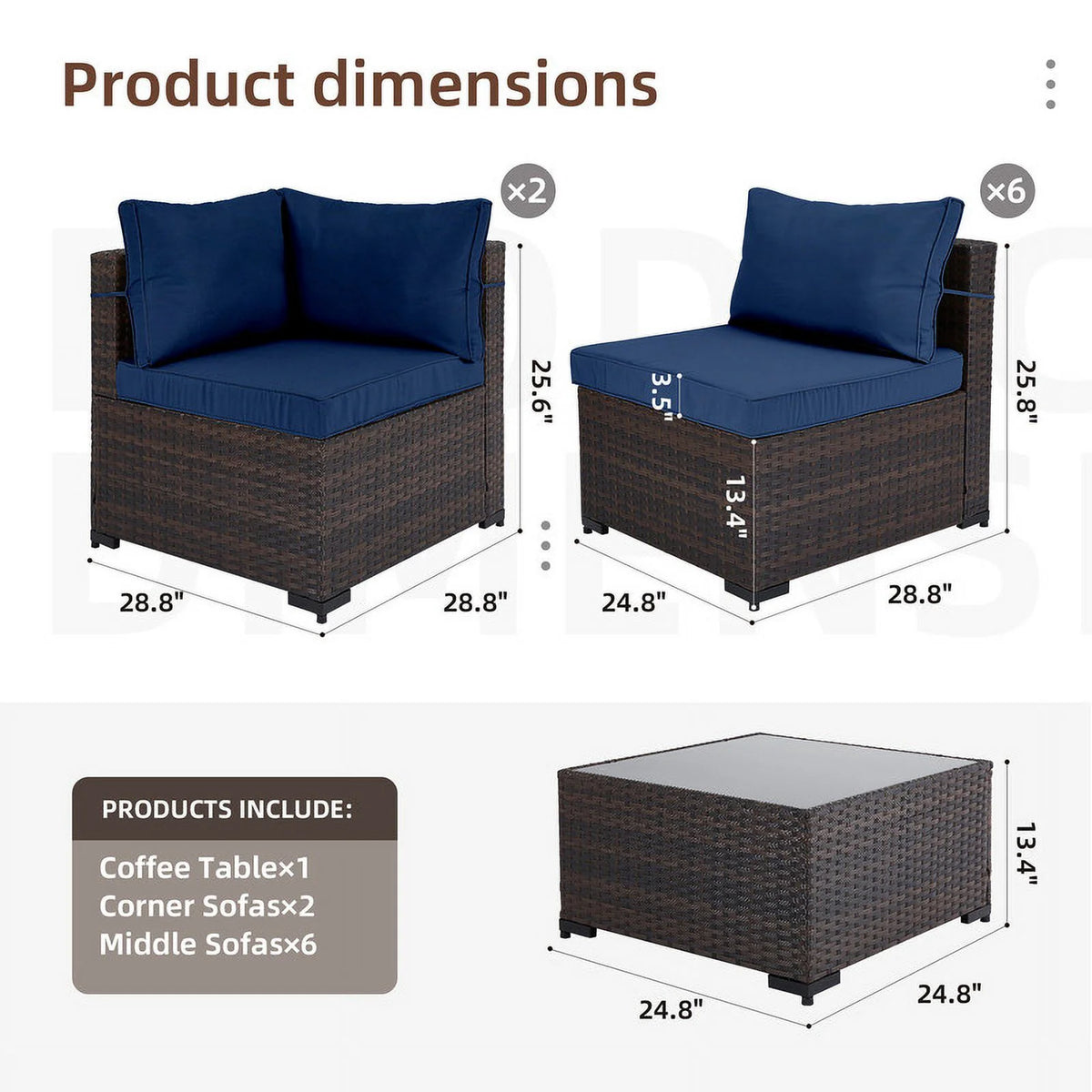 9 Piece PE Rattan Patio Furniture Set with Cushion and Glass Table L56653