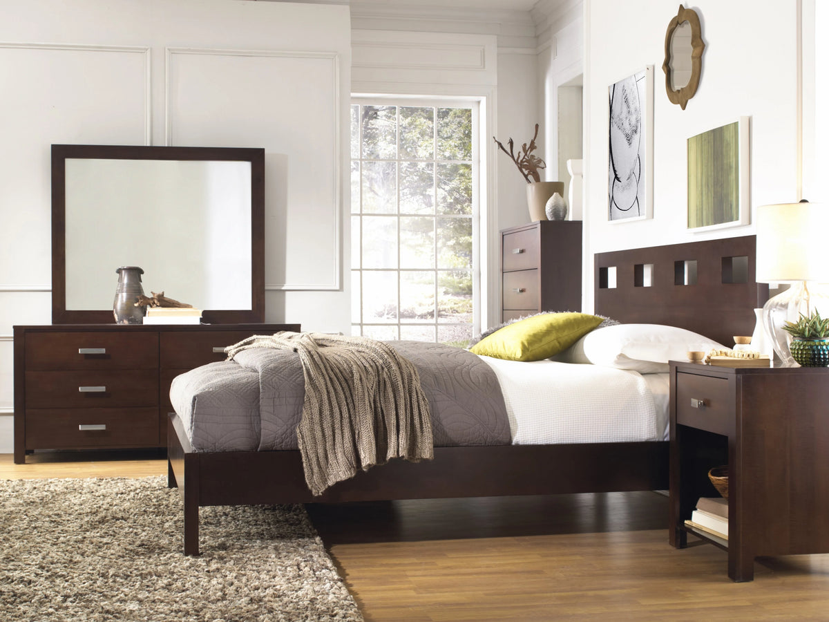 Queen Platform Bed, 2 Nightstand, Dresser & Mirror Set M641