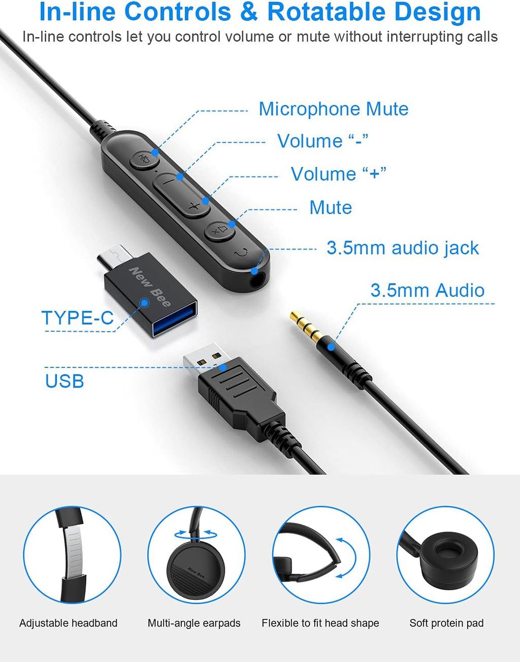 USB Headset with Noise Cancelling Micphone and USB-C Adapter I6498