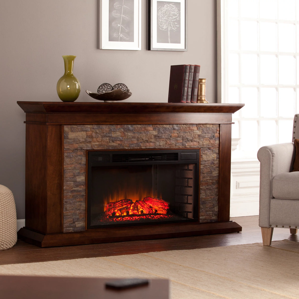 Simulated Stone Electric Fireplace 60 x 35.5 Freestanding V56120