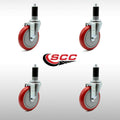 5” x 1.25x22 Stainless Steel Red Polyurethane Wheel Swivel Casters Set of 4 T252238