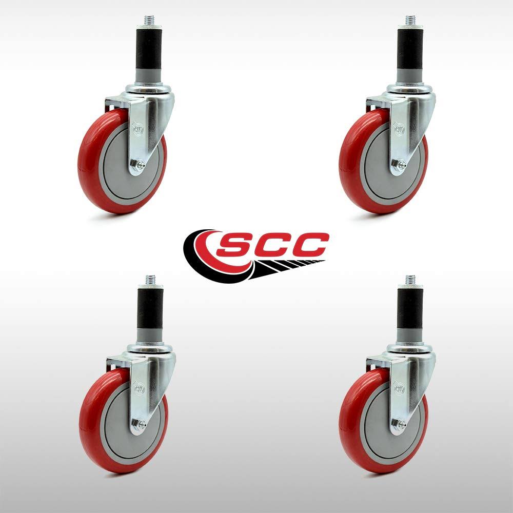 5” x 1.25x22 Stainless Steel Red Polyurethane Wheel Swivel Casters Set of 4 T252238