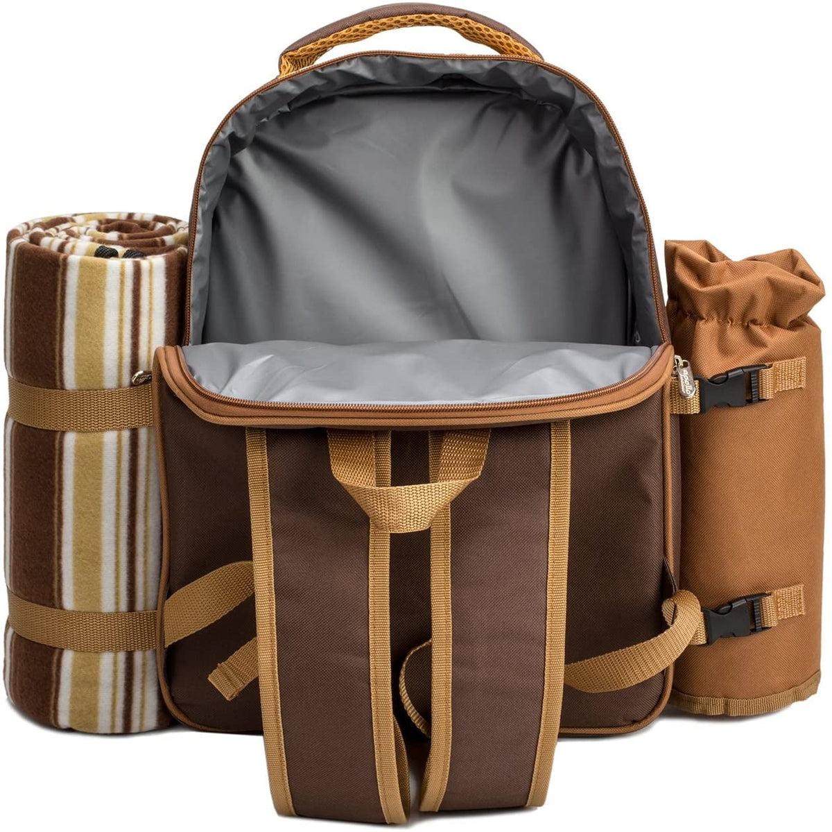 Picnic Backpack for 2 Person with Cooler Compartment, Fleece Blanket, Plates and Cutlery, Brown W105241