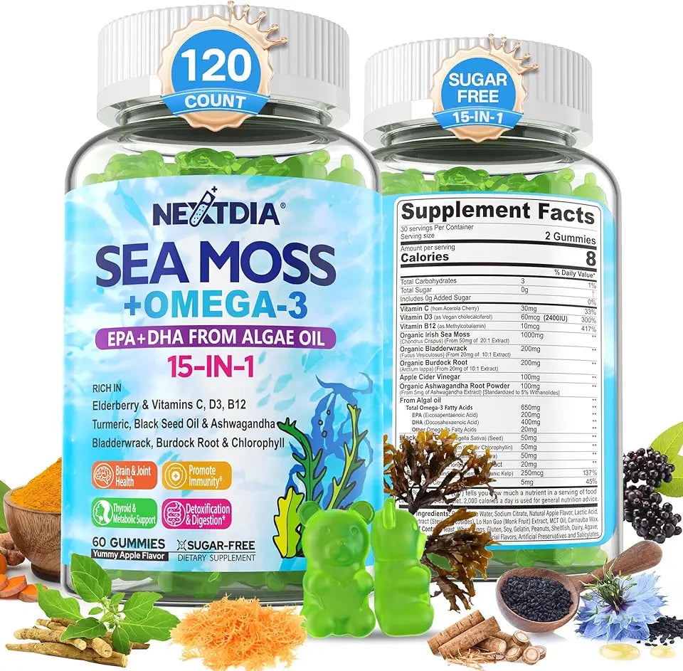 Sea Moss Gummies with Ashwagandha Turmeric Elderberry Vitamins D3 B12 Burdock Root Bladderwrack 120Cts I918