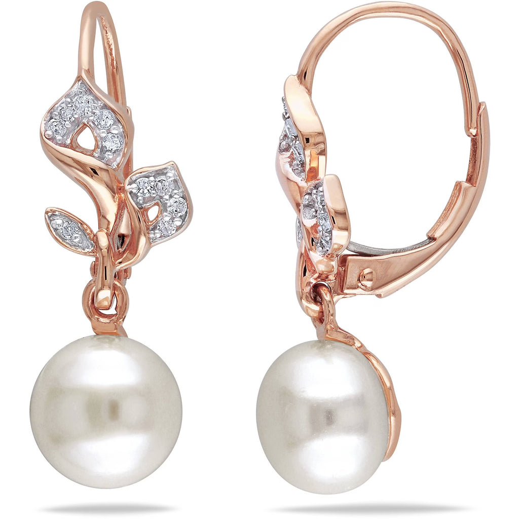White Cultured Freshwater Pearl and Diamond Accent 10kt Rose Gold Leverback Flower Earrings B21113