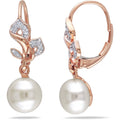 White Cultured Freshwater Pearl and Diamond Accent 10kt Rose Gold Leverback Flower Earrings B21113