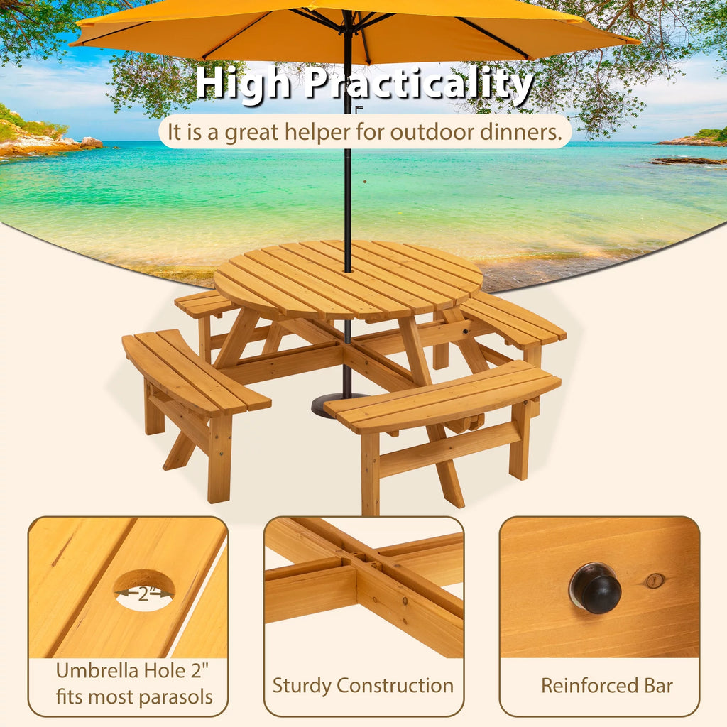 8-Person Wooden Picnic Table with 4 Built-In Benches N706