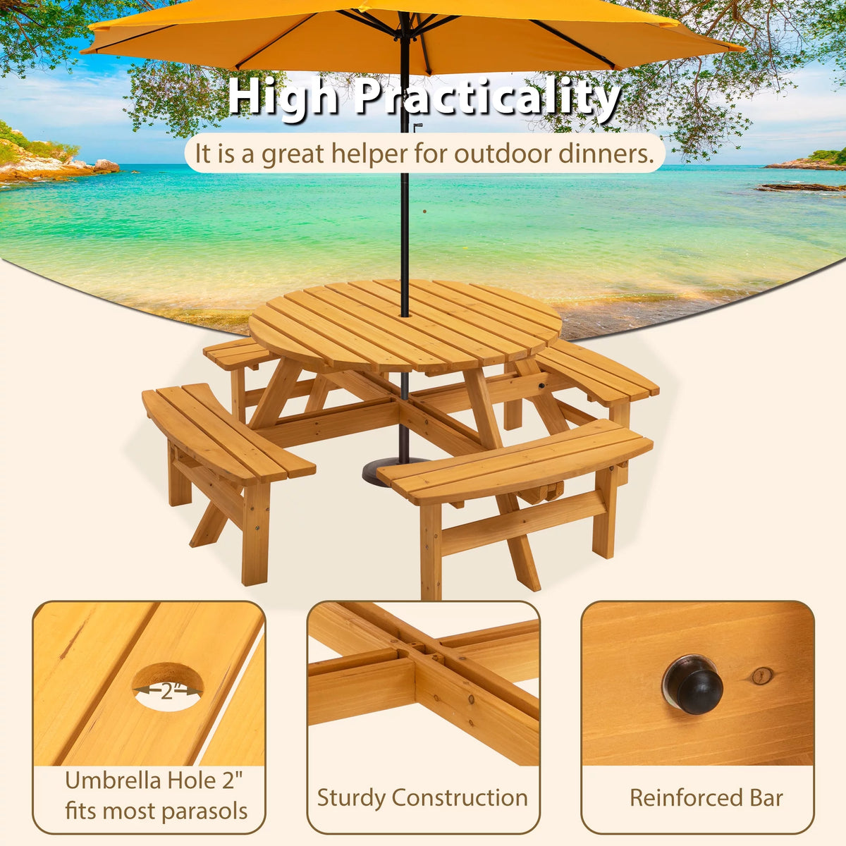 8-Person Wooden Picnic Table with 4 Built-In Benches N706