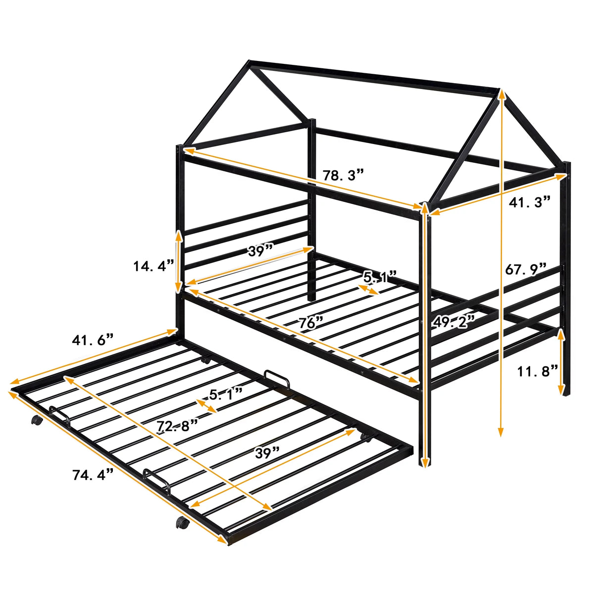 Twin Size Black Metal House Shape Platform Bed with Trundle I2663