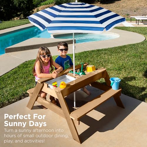 Kids 3-in-1 Sand & Water Table Wood Picnic Table with Umbrella H4615