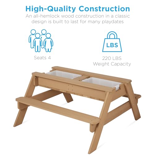 Kids 3-in-1 Sand & Water Table Wood Picnic Table with Umbrella H4615
