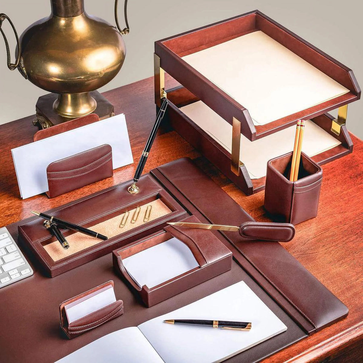 Chocolate Brown Leather 10-Piece Desk Set H500