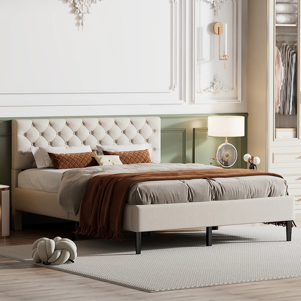 Beige Upholstered Fabric Queen Size Platform Bed Frame with Headboard R4287