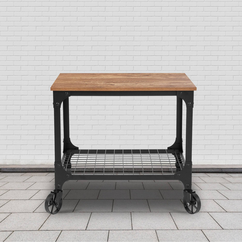 Rustic Wood Grain and Industrial Iron Kitchen Serving Bar Cart O369