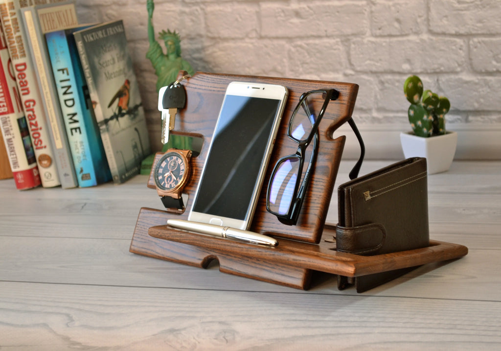 Wood Phone Docking Station Key Holder Wallet Stand Watch Organizer H640545