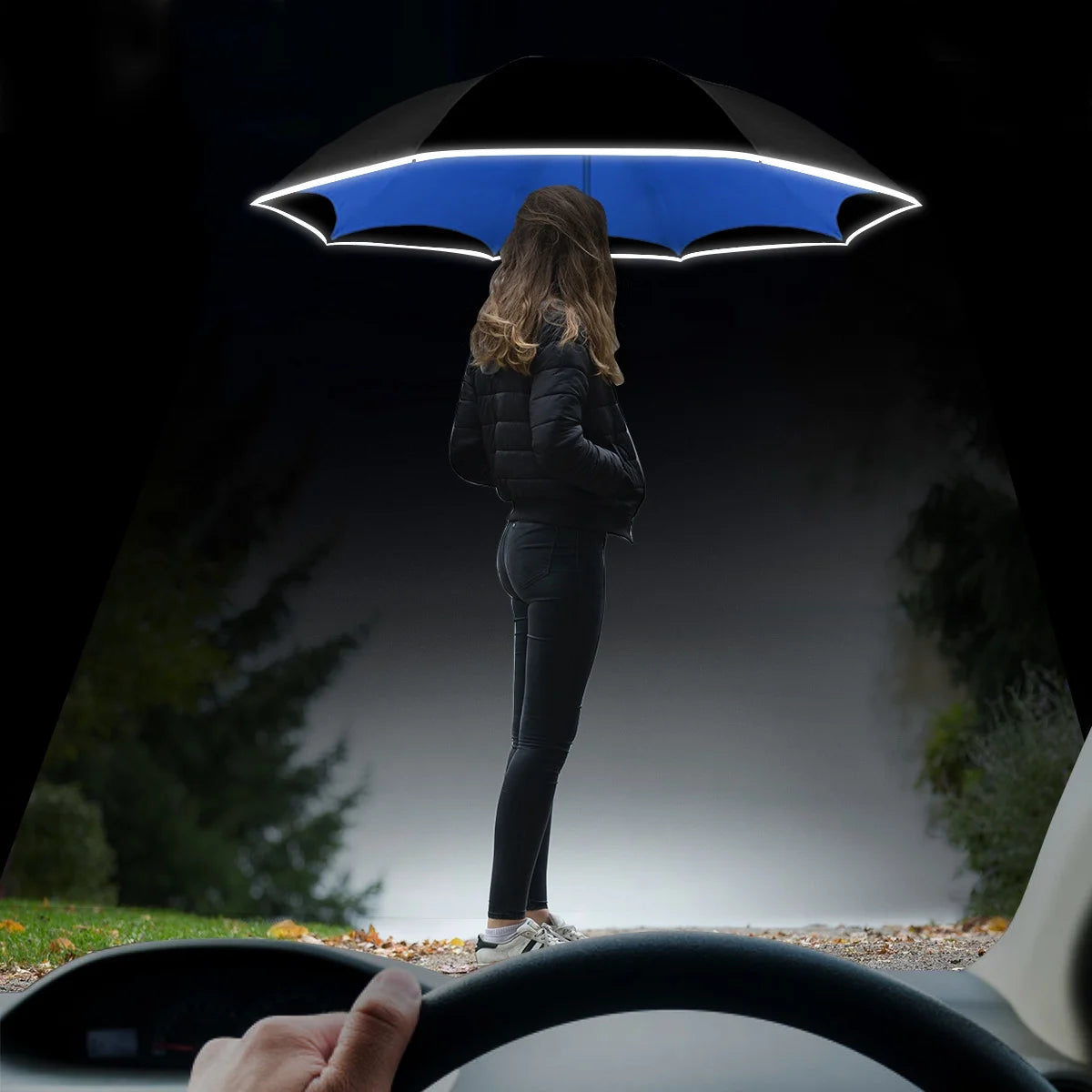 Blue 45" Reverse Folding Umbrella with Reflective Strip B766