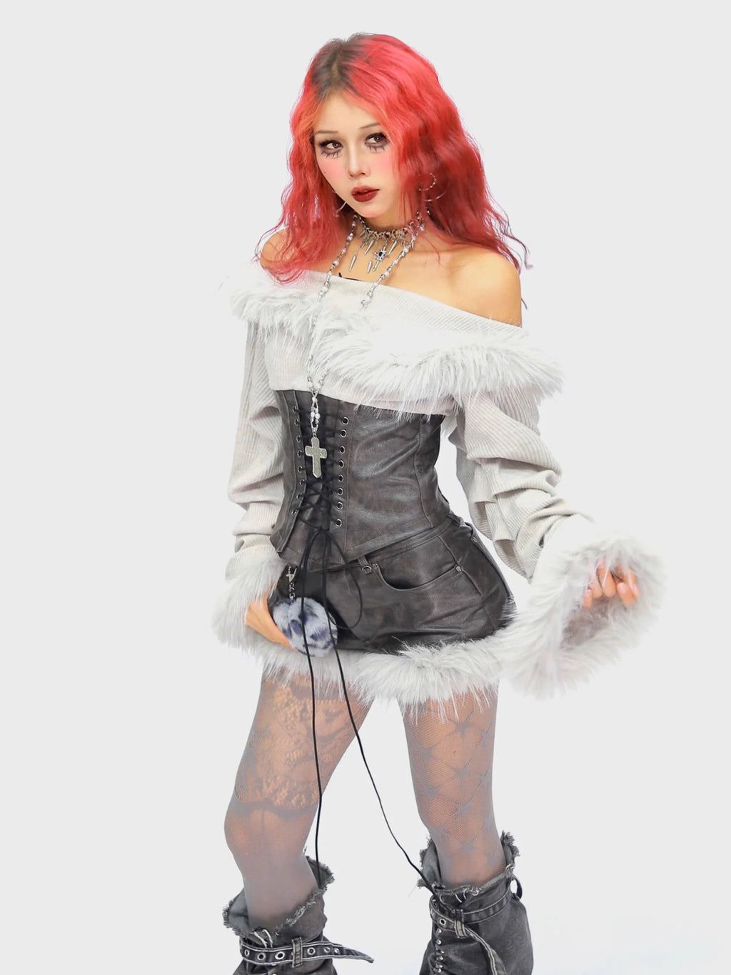 Faux Fur Off-Shoulder Long Sleeve Top + Shorts Set G645