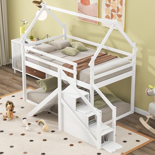 White Twin Over Twin Wood Bunk Bed with Slide and Storage Stairs V3620