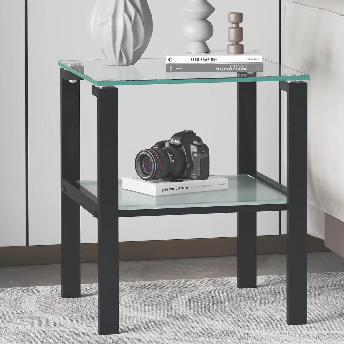Black Glass Top Metal Frame End Table O7654