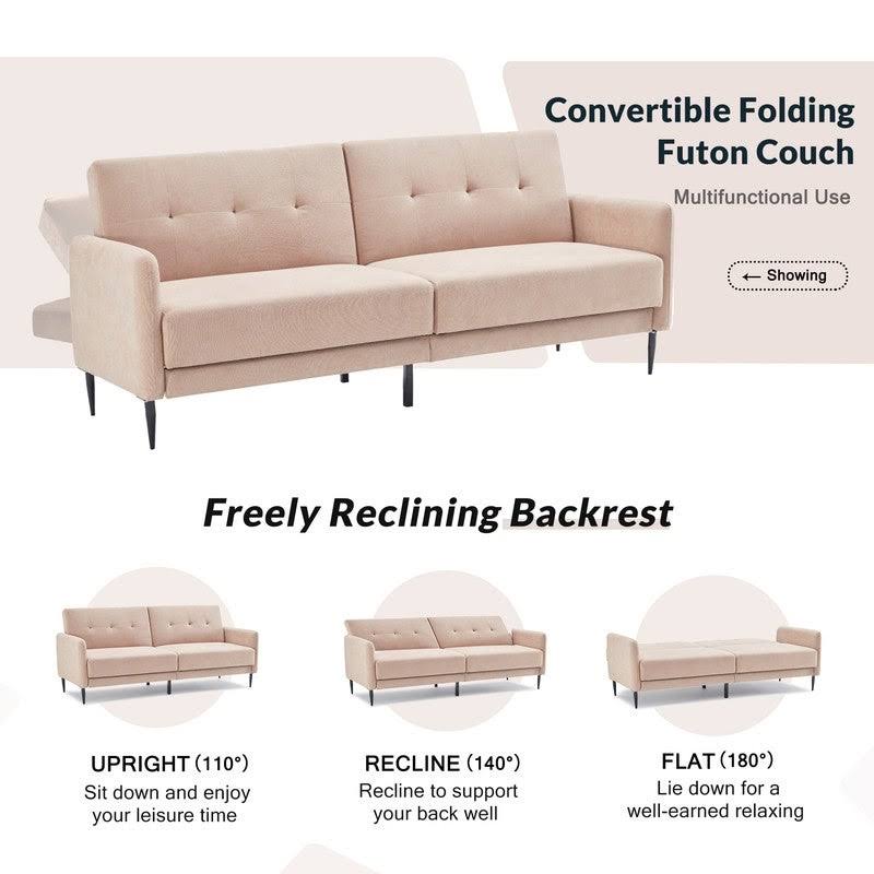 Beige Linen Fabric Folding Futon Sofa Bed with Metal Leg M411620