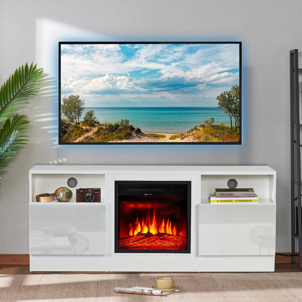 White TV Stand with Fireplace C379048