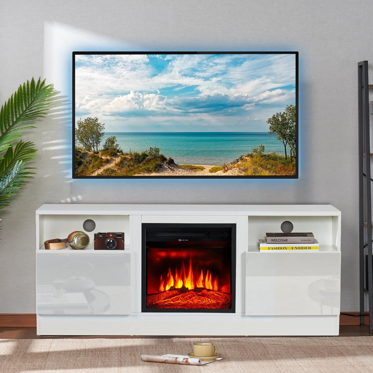 White TV Stand with Fireplace C379048