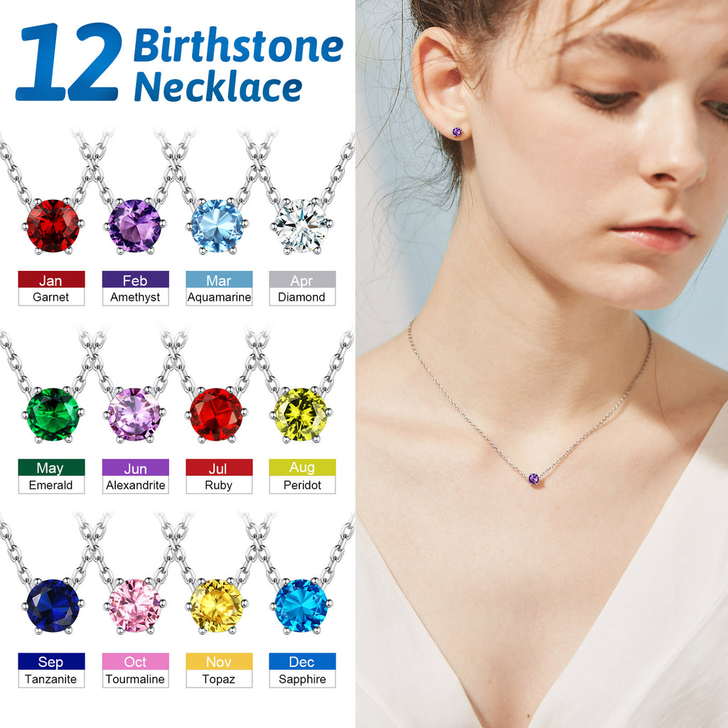 925 Sterling Silver Round Birthstone Necklace C429