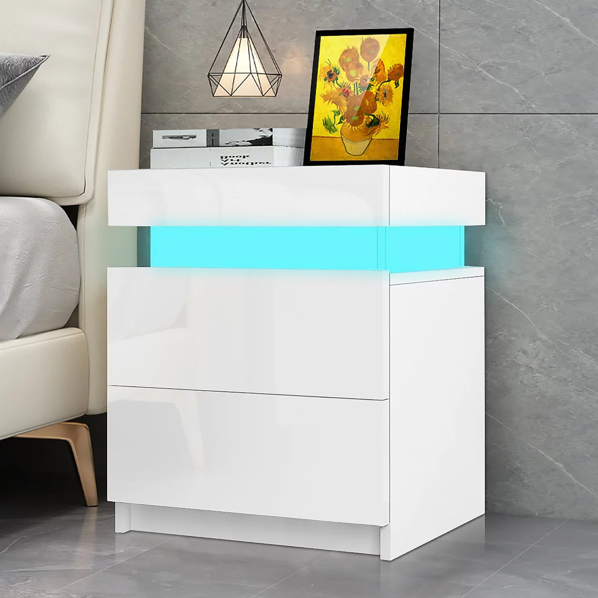 White 2 Drawer High Gloss Nightstand with LED Light P59654