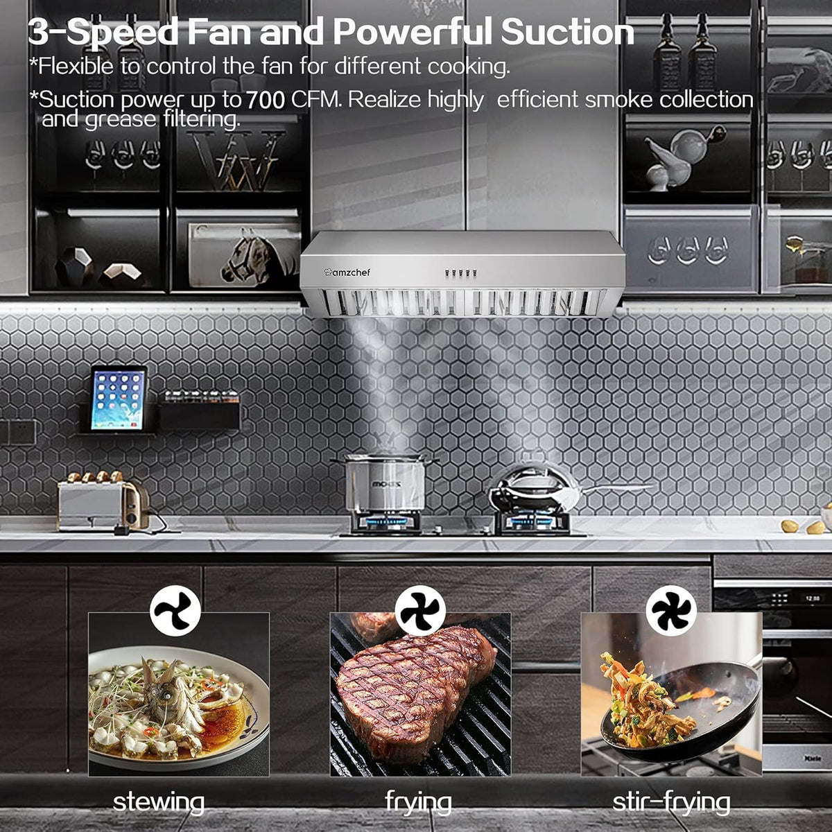 Stainless Steel Under Cabinet Range Hood 700CFM 3 Speed Fan LED Lights A11525
